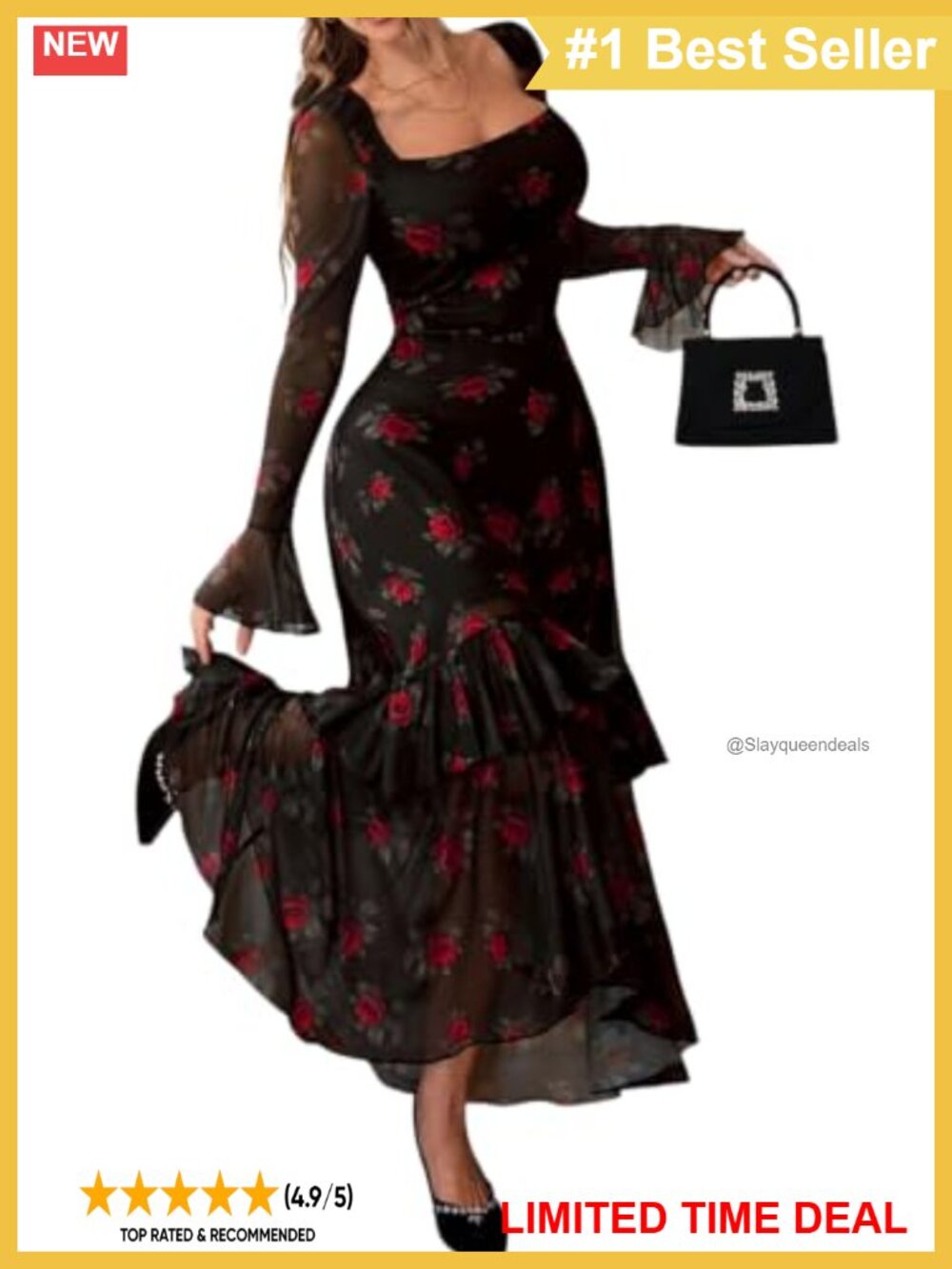 Women's Floral Mesh Square Neck Bell Sleeve High-Low Ruffle Maxi Dress - Picture 1 of 6